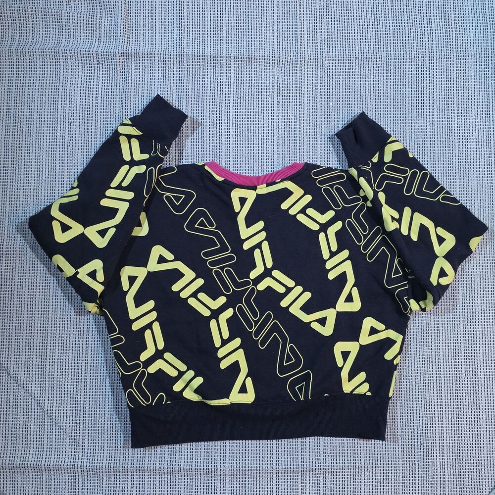 FILA Womens S Pullover Cropped Sweatshirt Long Sleeve Crew Neck Black Yellow - Picture 2 of 9